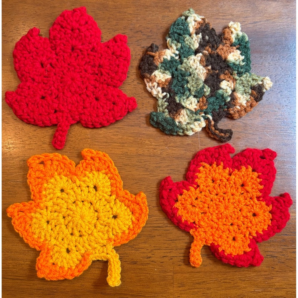Vintage Handmade Crochet Autumn Fall Leaves Coasters Set 4